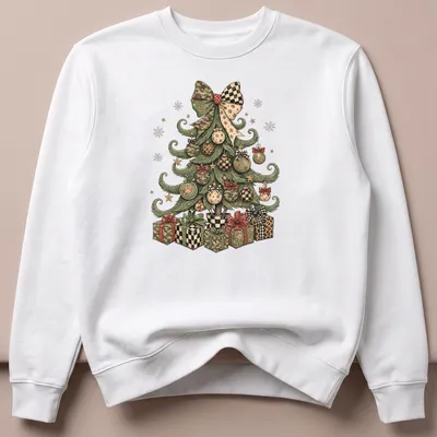 Whimsical Christmas tree adorned with camo and leopard patterns in colorful tones — printed on a unisex sweatshirt