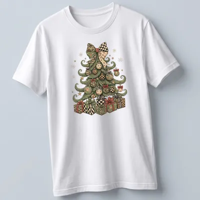 Whimsical Christmas tree adorned with camo and leopard patterns in colorful tones