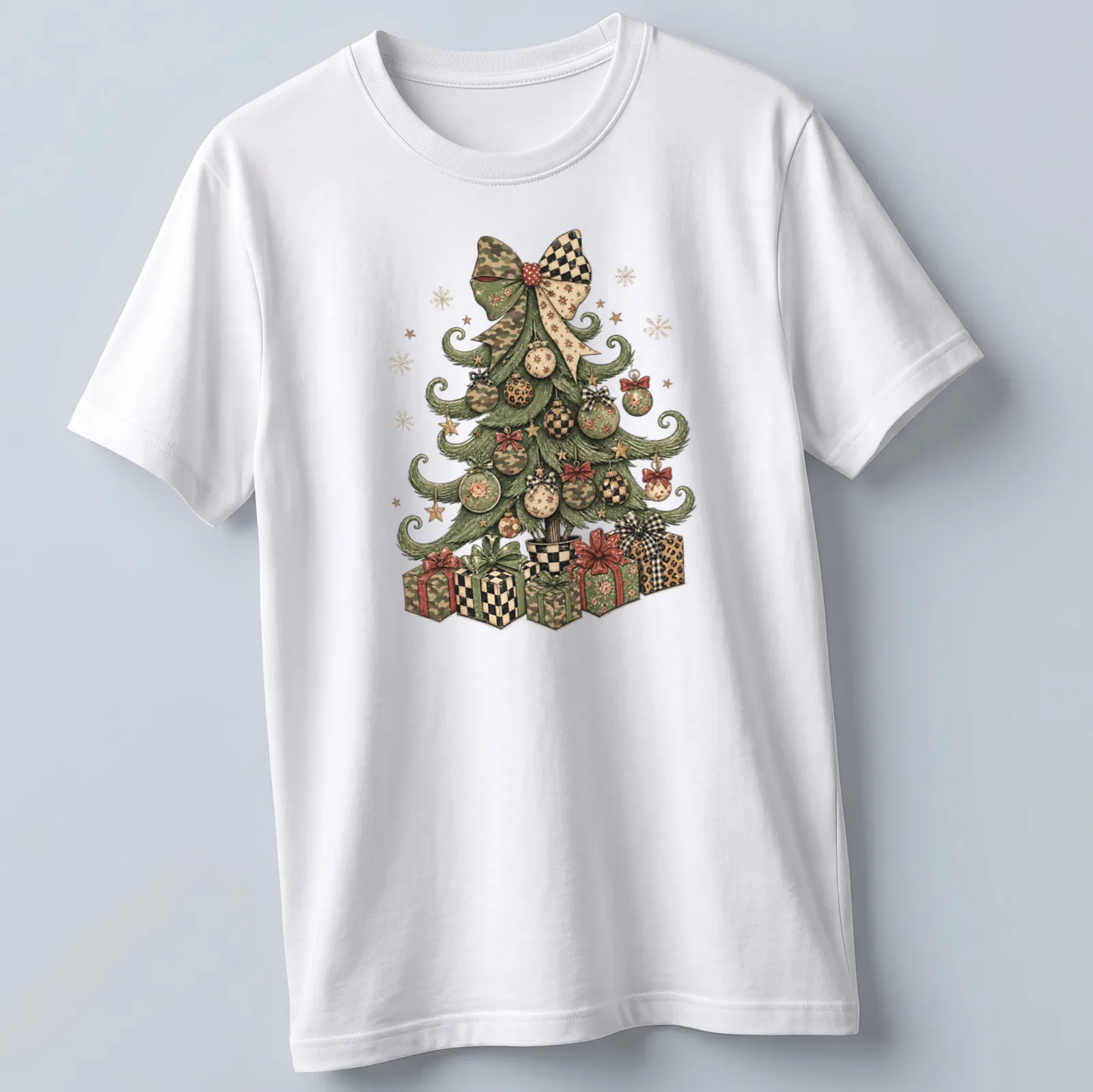 Whimsical Christmas tree adorned with camo and leopard patterns in colorful tones — printed on a unisex t-shirt