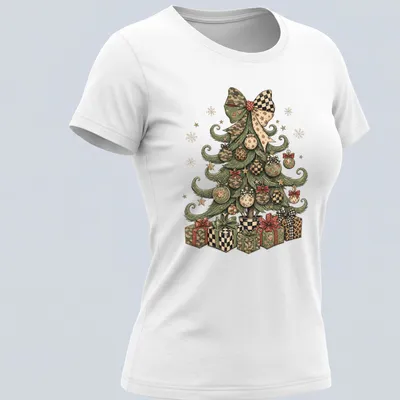 Whimsical Christmas tree adorned with camo and leopard patterns in colorful tones — printed on a women's shirt