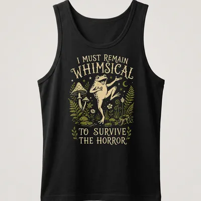 Whimsical illustration of a frog with the text 'I Must Remain Whimsical To Survive The Horror' — printed on a tank top
