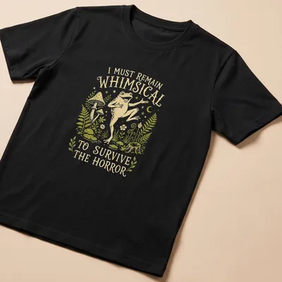 Whimsical illustration of a frog with the text 'I Must Remain Whimsical To Survive The Horror'