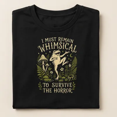 Whimsical illustration of a frog with the text 'I Must Remain Whimsical To Survive The Horror' — printed on a women's shirt