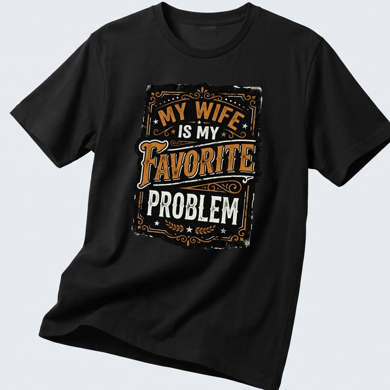 Vintage distressed t-shirt featuring humorous text about marriage in black, orange, and white. — printed on a unisex t-shirt