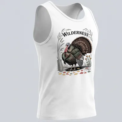 Vintage badge design featuring a wild turkey and the word 'WILDERNESS' — printed on a tank top