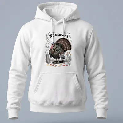 Vintage badge design featuring a wild turkey and the word 'WILDERNESS' — printed on a unisex hoodie