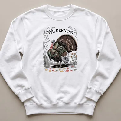 Vintage badge design featuring a wild turkey and the word 'WILDERNESS' — printed on a unisex sweatshirt