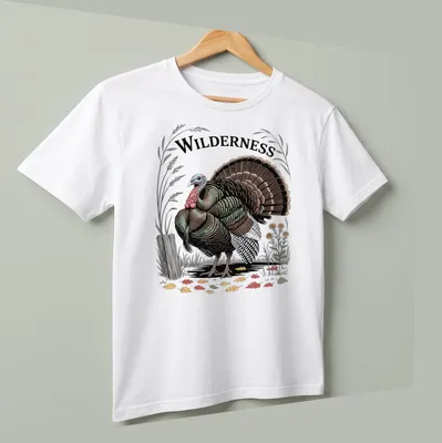 Vintage badge design featuring a wild turkey and the word 'WILDERNESS' — printed on a unisex t-shirt (angled view)