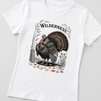 Vintage badge design featuring a wild turkey and the word 'WILDERNESS' — printed on a women's shirt
