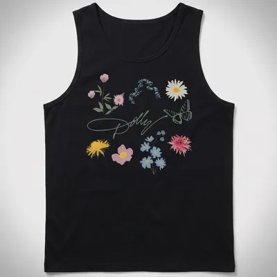 Illustrative T-shirt featuring the text 'Dolly' with wildflowers and a butterfly — printed on a tank top