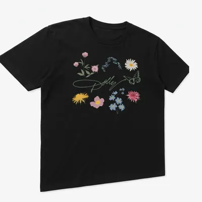 Illustrative T-shirt featuring the text 'Dolly' with wildflowers and a butterfly — printed on a unisex t-shirt (angled view)