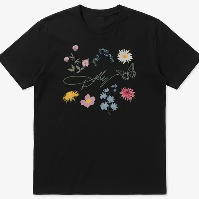 Illustrative T-shirt featuring the text 'Dolly' with wildflowers and a butterfly
