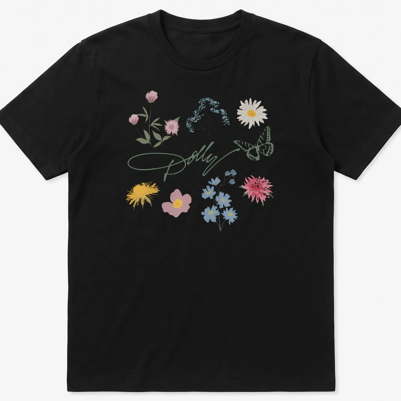 Illustrative T-shirt featuring the text 'Dolly' with wildflowers and a butterfly — printed on a unisex t-shirt