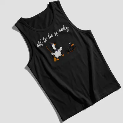 Cartoon of a witch goose walking a spider dachshund with spooky text — printed on a tank top