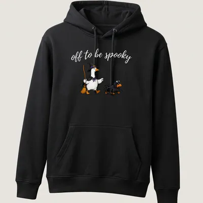 Cartoon of a witch goose walking a spider dachshund with spooky text — printed on a unisex hoodie