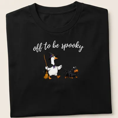 Cartoon of a witch goose walking a spider dachshund with spooky text