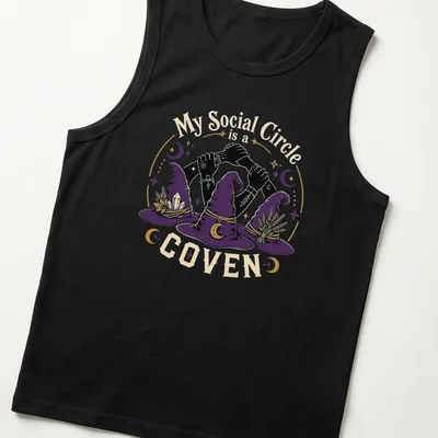 Vintage illustration of witch hats and hands with the text 'My Social Circle is a COVEN' in purple and gold. — printed on a tank top