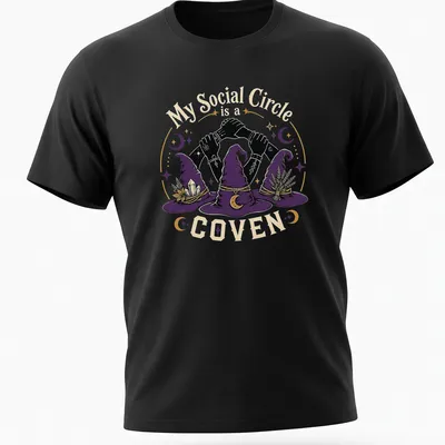 Vintage illustration of witch hats and hands with the text 'My Social Circle is a COVEN' in purple and gold.