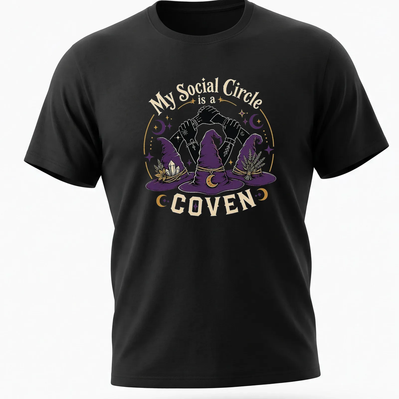 Vintage illustration of witch hats and hands with the text 'My Social Circle is a COVEN' in purple and gold. — printed on a unisex t-shirt