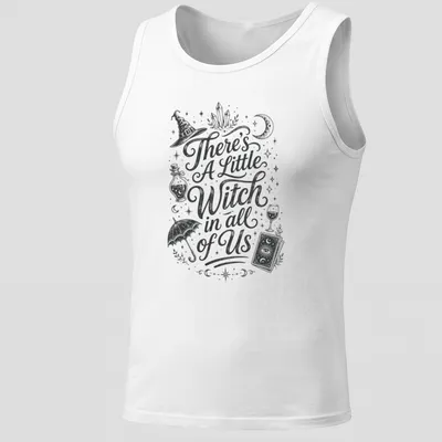 Vintage hand-drawn t-shirt featuring 'There's A Little Witch in all of Us' with witchcraft elements — printed on a tank top