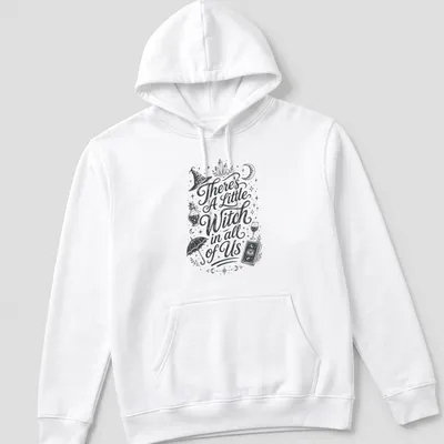 Vintage hand-drawn t-shirt featuring 'There's A Little Witch in all of Us' with witchcraft elements — printed on a unisex hoodie