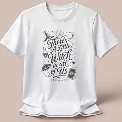 Vintage hand-drawn t-shirt featuring 'There's A Little Witch in all of Us' with witchcraft elements