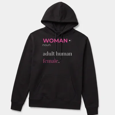 Modern typography t-shirt featuring 'WOMAN noun. adult human female.' in pink and white. — printed on a unisex hoodie