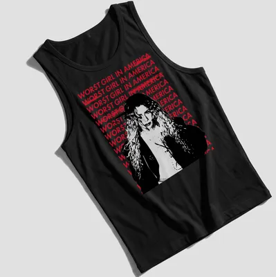 Bold graphic tee featuring the text 'WOR$T GIRL IN AMERICA' with an illustration of a woman with curly hair. — printed on a tank top